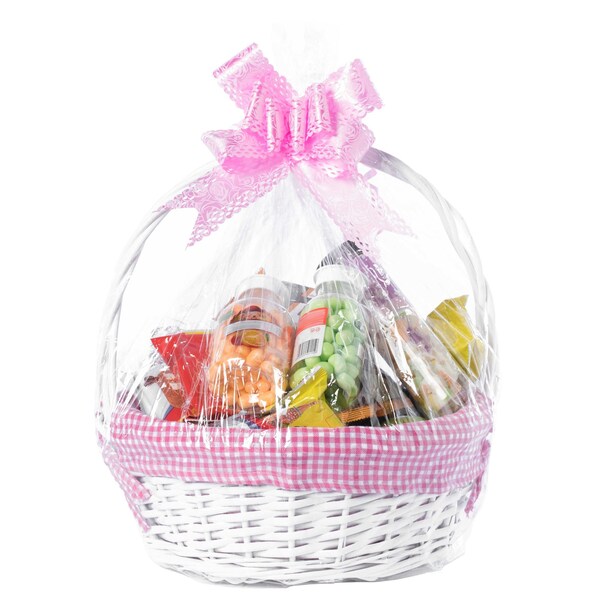 White Round Willow Gift Basket, With Pink And White Gingham Liner And Handles, Large